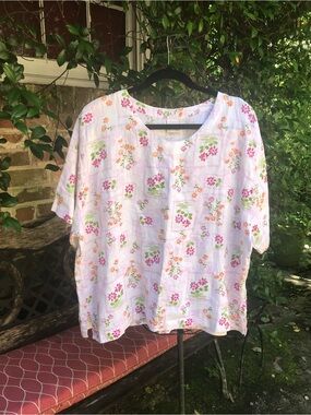 Cotton Connection- WHITE FLOWER PRINT LINEN SHIRT BLOUSE TOP- Size XL- NWOT